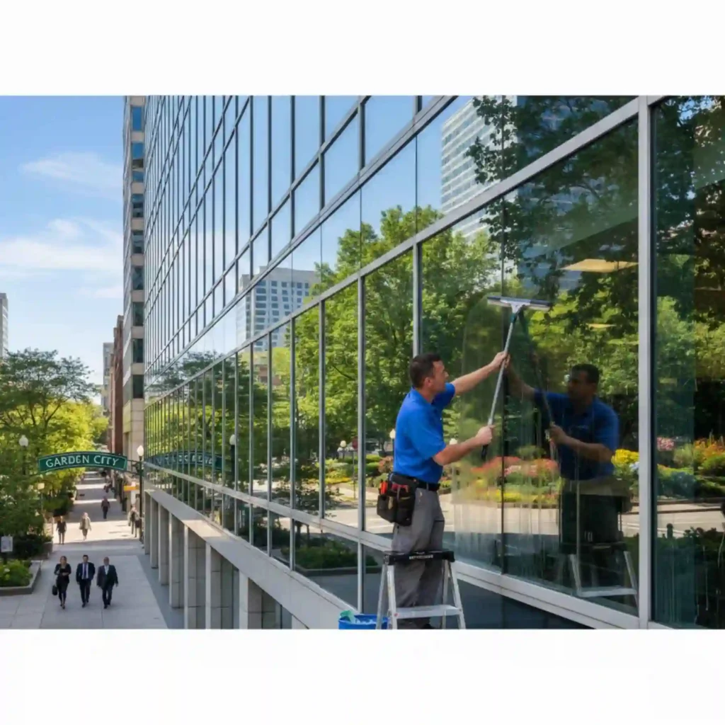 Technician cleaning storefront window