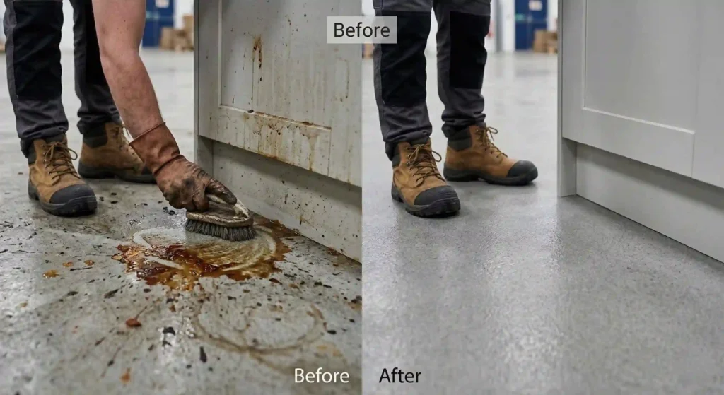 before-and-after image of residential kitchen floor cleaning.