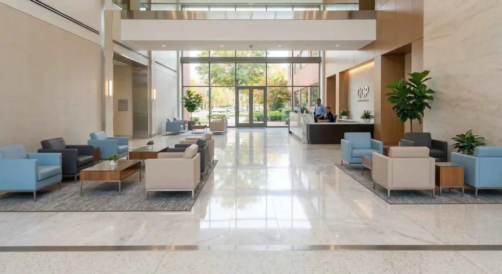 clean office lobby with polished floors and organized seating.