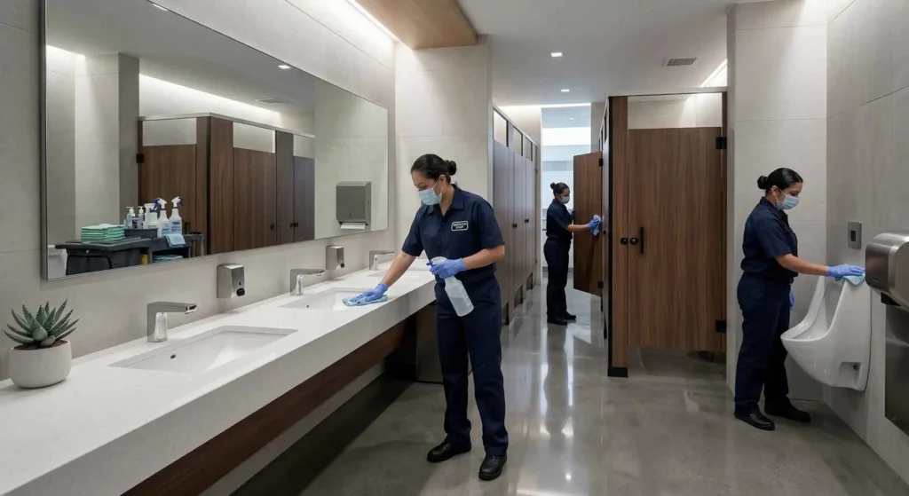 cleaning staff sanitizing restroom surfaces.
