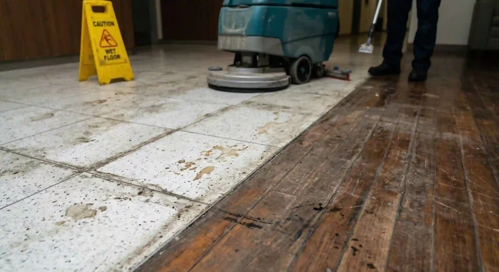 dirty tile or hardwood floor before professional cleaning.