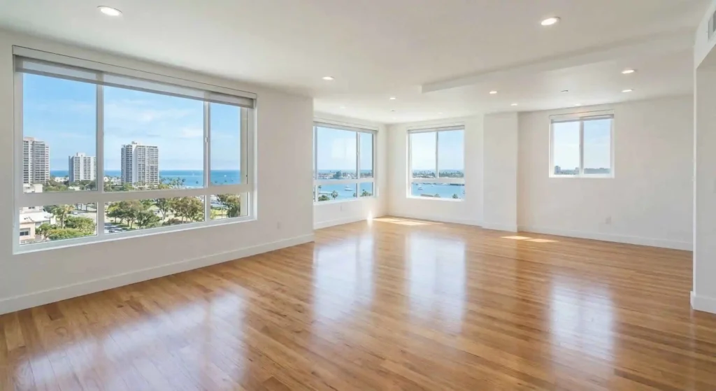 newly renovated empty room with clean floors and no debris