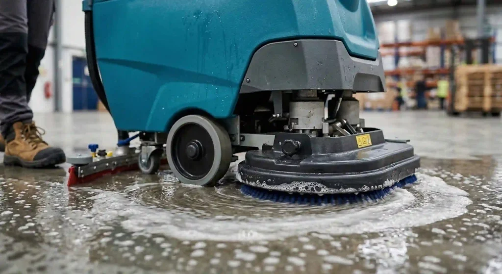 professional floor scrubber machine cleaning a commercial floor.