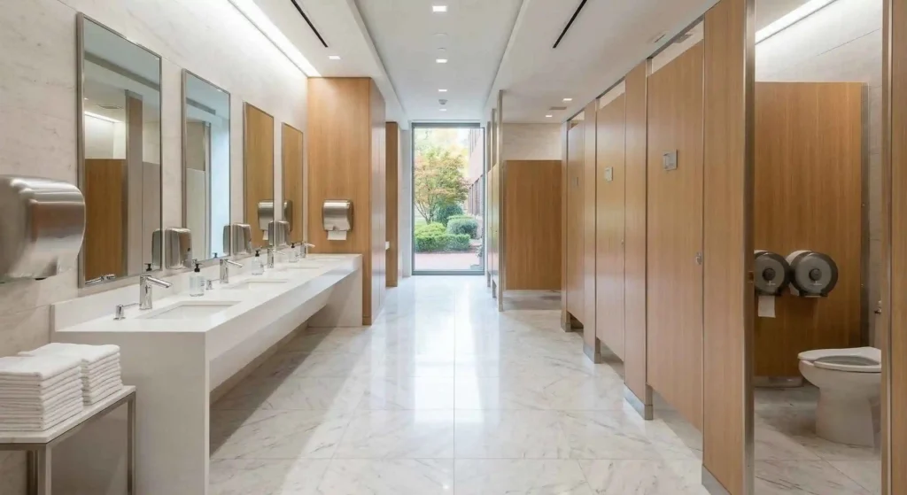 spotless commercial restroom with stocked paper products and clean surfaces.