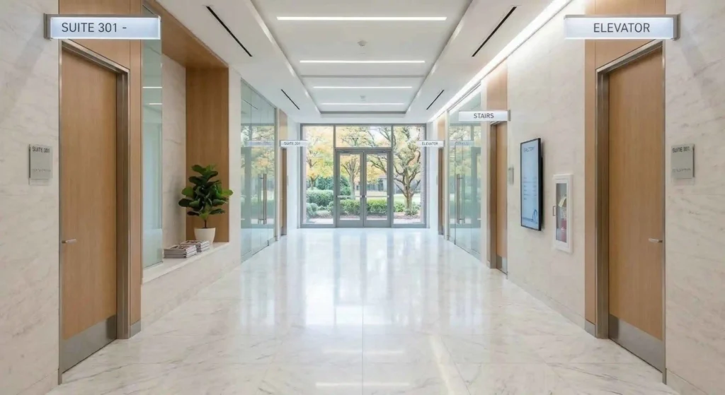 tidy commercial hallway with clean floors and organized signage.